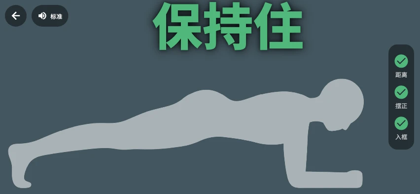 瞪鸥 App 最新横屏校准界面：人体轮廓、保持住提示和距离、摆正、入框三项检查